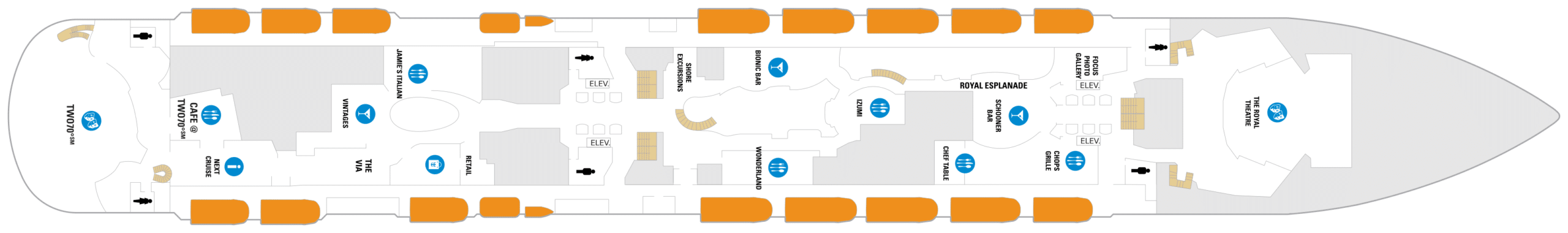 Cruise met Royal Caribbean's Spectrum of the Seas. Bekijk het hele dekkenplan op Cruise2Travel. Boek nu!