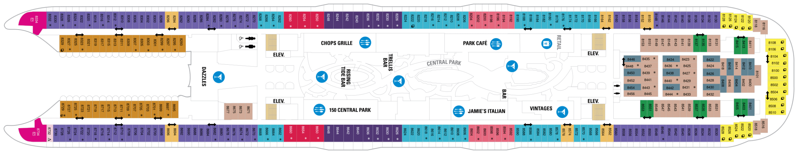 Cruise met Royal Caribbean's Symphony of the Seas. Bekijk het hele dekkenplan op Cruise2Travel. Boek nu!