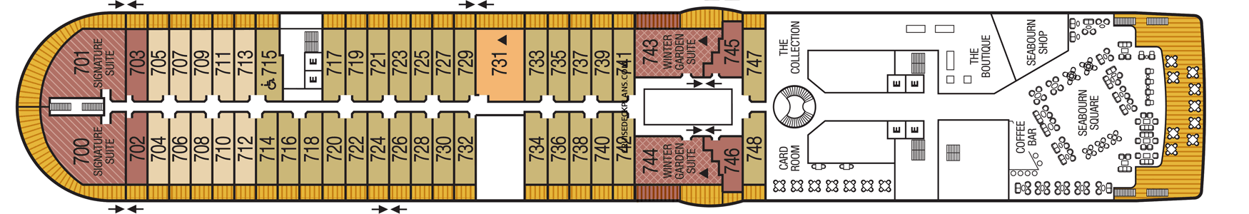 Cruise met Seabourn's Seabourn Odyssey. Bekijk hier het dekkenplan en bekijk het complete cruise aanbod op Cruise2Travel