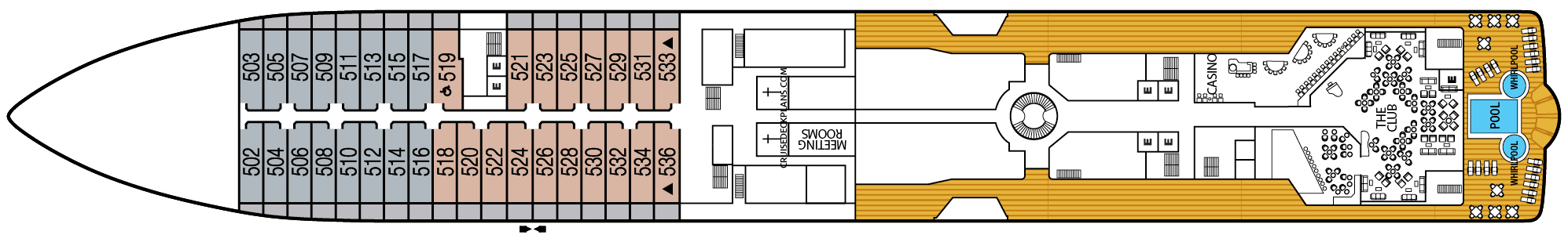 Cruise met Seabourn's Seabourn Quest. Bekijk hier het dekkenplan en bekijk het complete cruise aanbod op Cruise2Travel